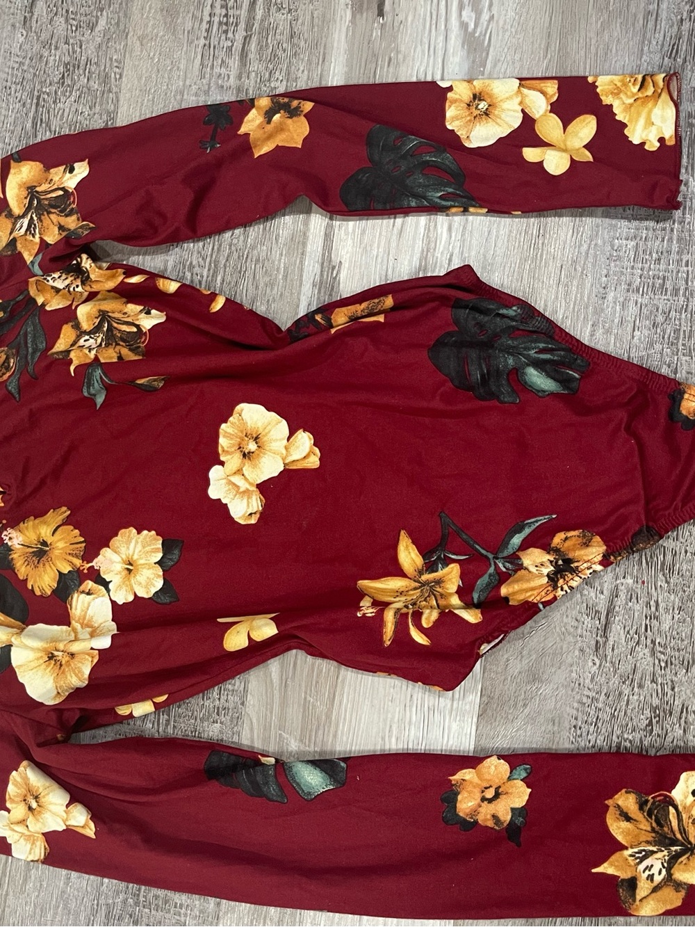 Polly & Esther Burgundy Floral Long Sleeve Bodysuit with Yellow Blossoms